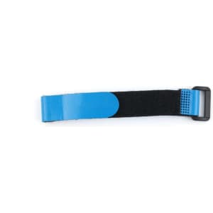 A blue adjustable strap featuring a black velcro section and a buckle, designed for bicycle fixing.