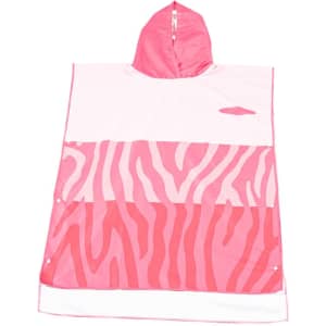 A pink microfiber hooded beach towel featuring a zebra stripe pattern, with a hood and a logo.