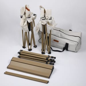Folding camping table and chairs in khaki with a carry bag, featuring telescopic legs for easy transport.
