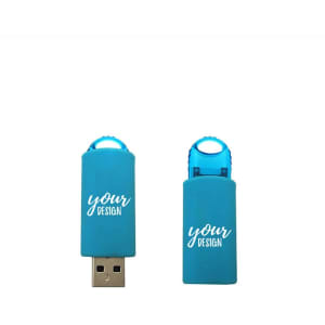 A teal spring-loaded retractable USB stick with a logo and a customisable surface for design.