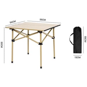 A folding camping table with a wooden surface and a black carry bag, featuring a gold frame.
