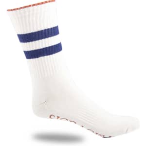 A pair of white striped tube crew socks featuring navy blue stripes and an orange top band. The socks have a logo.