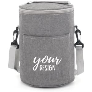 A grey insulated round portable bento bag with a shoulder strap and a front pocket. It has a logo.