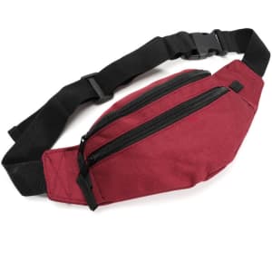 A maroon fanny pack with a black adjustable strap and two zippered compartments, featuring a simple logo.