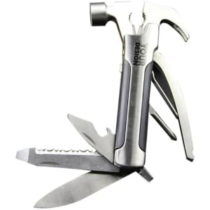 A metallic mini multifunctional claw hammer with various tools, including blades and a bottle opener, in a compact design.