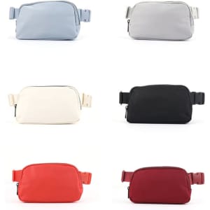 A collection of six custom nylon fanny packs in light blue, grey, white, black, red, and burgundy with logos.