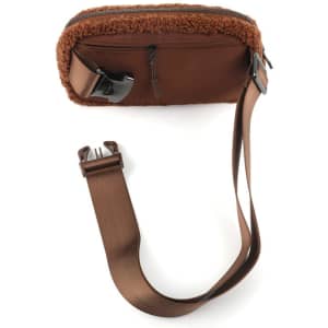 A brown custom fleece fanny pack with a zip closure and an adjustable strap. It features a small pocket and a logo.