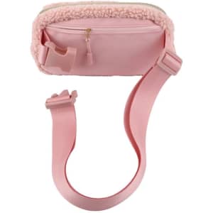 A pink unisex fleece belt bag with a soft texture and adjustable strap, featuring a zippered compartment and a logo.