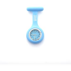 A blue silicone pin-on nurse watch featuring a round face with a minimalist clock design and a clip-on handle.