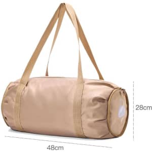 A tan multifunctional foldable gym bag with shoulder straps and a side zip closure, featuring a logo.