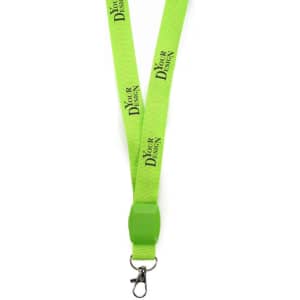 A bright green LED neck lanyard with a clip, featuring a logo and a personalised design.