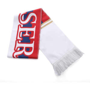 A red and white scarf with blue accents and fringed ends, featuring a logo.
