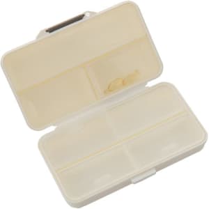 A white pill case with seven compartments, featuring a hinged lid and an inner divider for organisation.