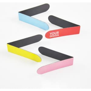 Magnetic bookmarks in blue, red, yellow, and pink, featuring a black underside. Includes a space for custom design.