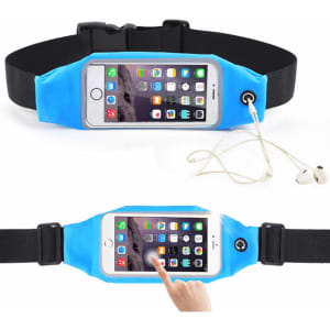A blue sports waist bag featuring a clear touch screen compartment for a phone and a headphone port.