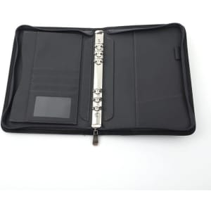 A black portable zippered padfolio with various pockets and a ring binder system, featuring a logo.