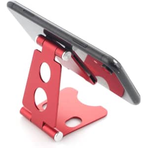 A red aluminium alloy phone holder featuring a sleek design and adjustable angles for various devices.