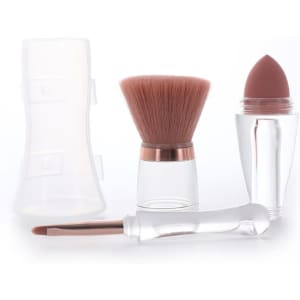 A 3 in 1 makeup brush set featuring a powder brush, sponge applicator, and lip brush in clear and rose gold.