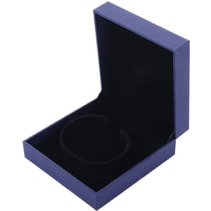A navy blue custom bangle gift box with a sleek interior, featuring a smooth black lining and a lid.