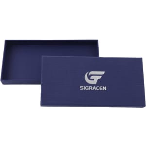 A navy customised paper box with a lid, featuring a logo on the top surface.