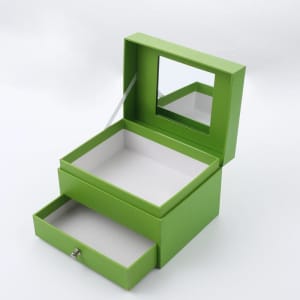 A green two-layer paper jewellery box with a mirror and a drawer, featuring a simple, sleek design.
