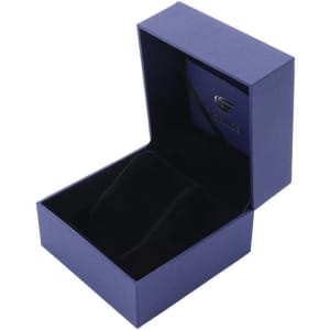 A custom single watch gift box in a deep purple colour, featuring a soft black interior and a logo inside.