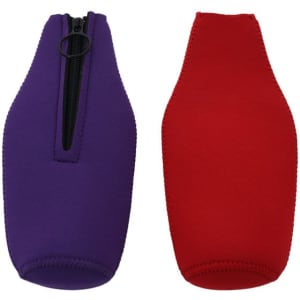 A drink bottle sleeve set in purple and red neoprene, featuring zippers for easy access. It has branding on the surface.