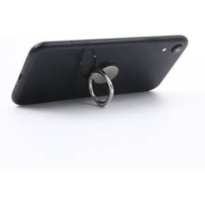 A black phone with a silver custom ring holder attached to the back, designed for better grip and support.