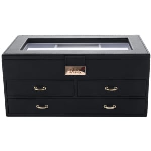 A black, three-layer jewellery box with a transparent top and three drawers, featuring metal handles.