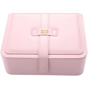 A pink PU jewellery box with a mirror, featuring a strap closure and a logo on the front.