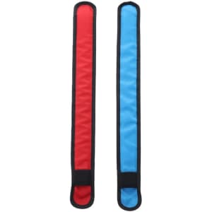 A red and a blue custom LED luminous slap armband with black edges, featuring a logo.