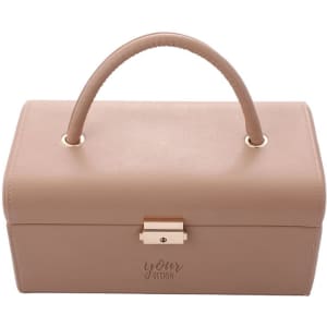 A jewellery box with a handle, featuring a sleek design in a soft beige colour and a metallic clasp.