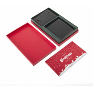 A red and green customizable wallet gift box set, with a greeting card featuring Christmas designs.