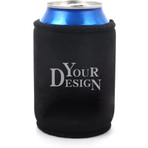 A drink bottle cooler in black neoprene, featuring a blue can and a placeholder for custom design.