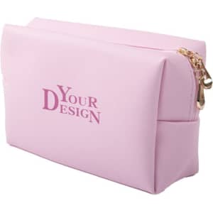 A pink waterproof cosmetic bag with a zip closure and a logo on the front. Its square design is suitable for toiletries.