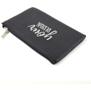 A personalised black PU leather makeup bag with a zip closure and a logo design on the front.