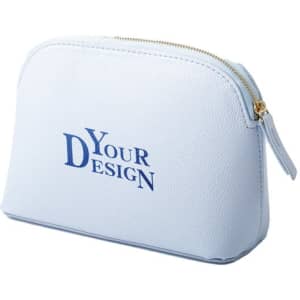 A light blue leather cosmetic bag with a zip closure and a branding logo on the front.