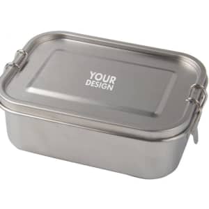 A stainless steel lunch box with a rectangular shape and a lid featuring a logo.