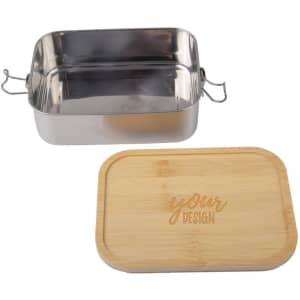 A stainless steel bento box with a bamboo lid, featuring a minimalist design and a branding section.