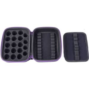 A purple EVA essential oil bottle storage case with compartments for bottles and elastic straps for organisation.