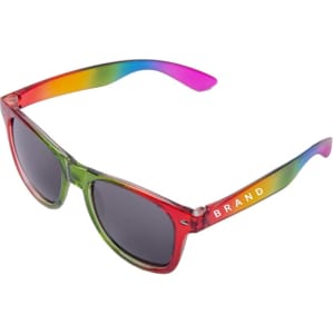 Rainbow sunglasses with a gradient frame featuring green, red, and pink hues, and dark lenses. Includes branding on the side.
