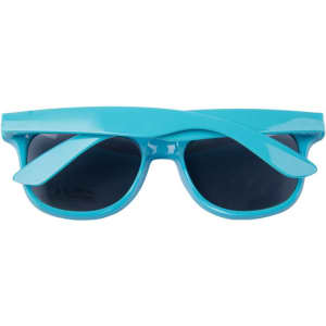 A pair of custom imprinted sunglasses in a vibrant turquoise colour with dark lenses and a logo.