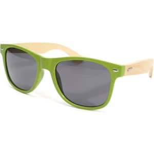 Sunglasses with green frames and bamboo temples, featuring dark grey lenses and a logo on the side.