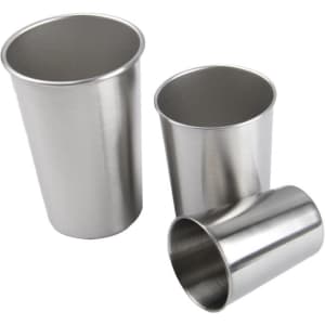 A set of three stainless steel pint cups in various sizes, featuring a sleek metallic finish and a minimalist design.