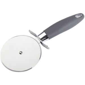A pizza cutter with a silver circular blade and a grey ergonomic handle, featuring a logo on the handle.