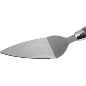 A stainless steel pizza server with a serrated edge and a metallic handle. It has a shiny finish.