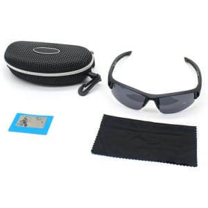 A pair of black outdoor sports sunglasses, a cleaning cloth, and a patterned black case with a logo.