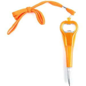 An orange custom bottle opener ballpoint pen with a string for easy attachment. Features a heart-shaped opener.