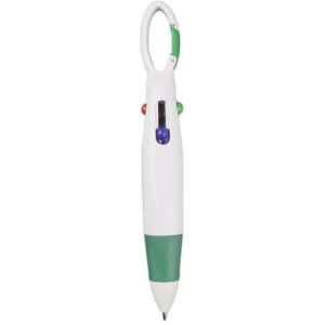 A promotional ballpoint pen with a carabiner, featuring white and green colours, and buttons in red and blue.