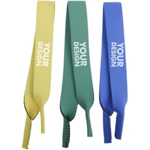 Three elastic eyeglass straps in yellow, green, and blue, featuring a space for custom design.
